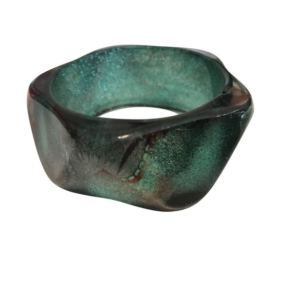 Peacock Lucite Statement Bangle Bracelet Swirled Glitter Green Red Geometric MCM - Picture 4 of 11